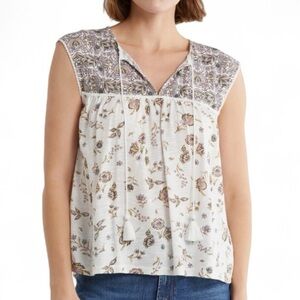 NWT LUCKY BRAND Sleeveless Printed Split Tie Neck Lightweight Top Size X-Large